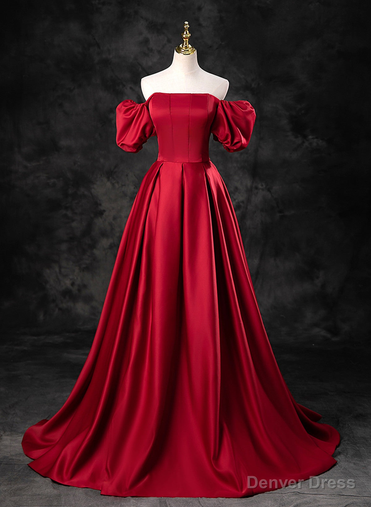 Red Satin A Line Short Sleeves Long Prom Dress, Red Long Prom Dress Main image