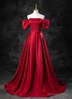 Red Satin A Line Short Sleeves Long Prom Dress, Red Long Prom Dress