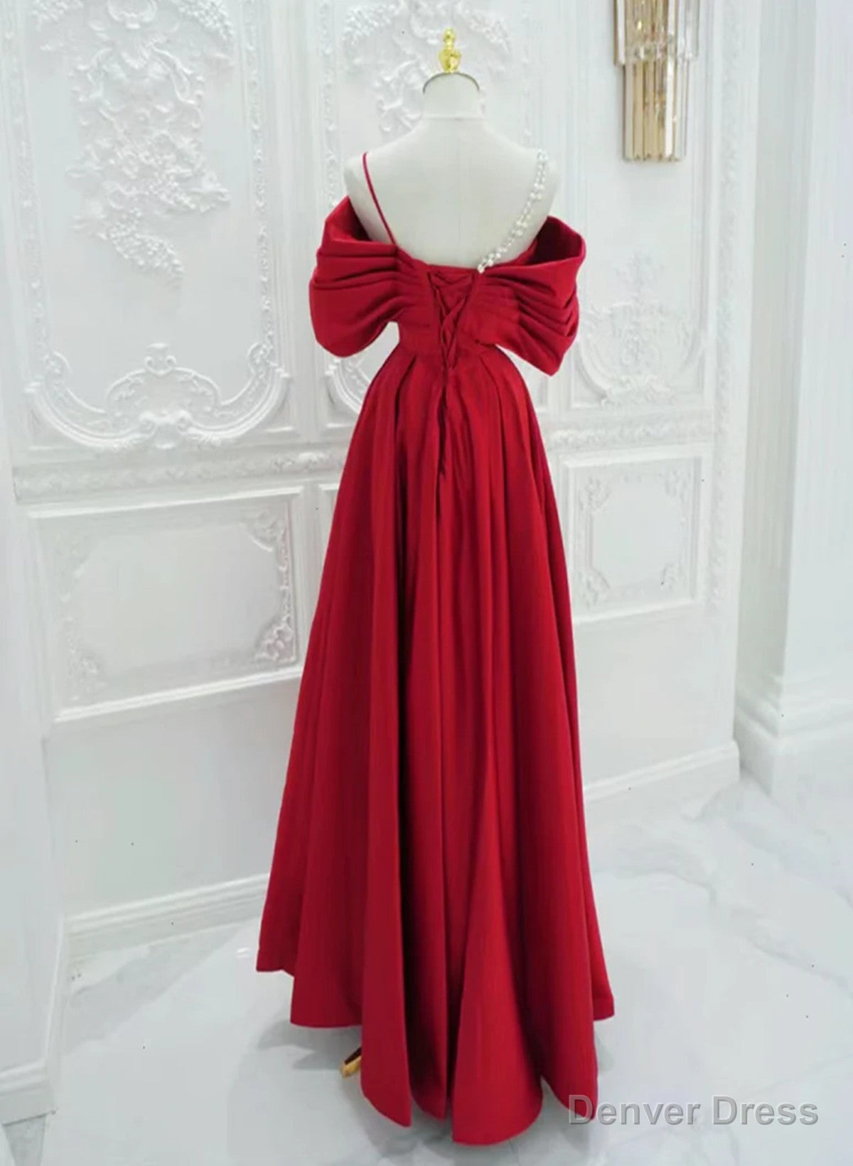 Red Satin A Line Straps Long Prom Dress, Red Long Prom Dresses