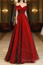 Red Satin And Black Tulle A-Line Off Shoulder Party Dresses, Simple A-Line Prom Dresses