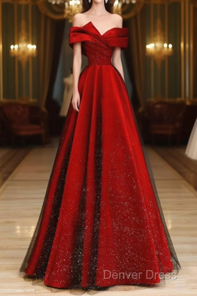 Red Satin And Black Tulle A-Line Off Shoulder Party Dresses, Simple A-Line Prom Dresses