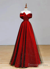 Red Satin And Black Tulle A-Line Off Shoulder Party Dress, Simple A-Line Prom Dress