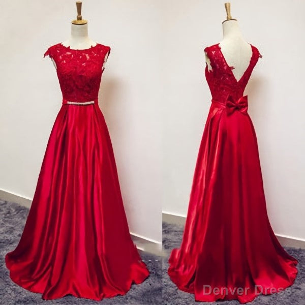 Red Satin and Lace Round Neckline Prom Gowns, A Line Prom Gowns Secondary image