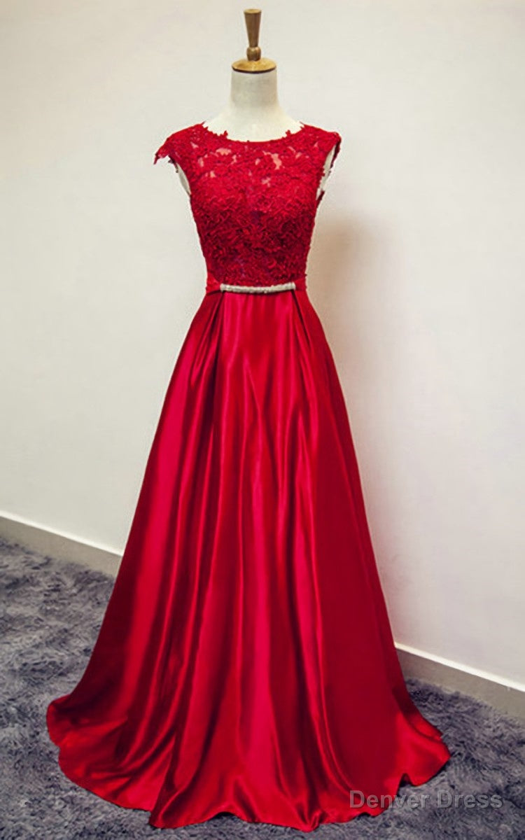 Red Satin and Lace Round Neckline Prom Gowns, A Line Prom Gowns Main image