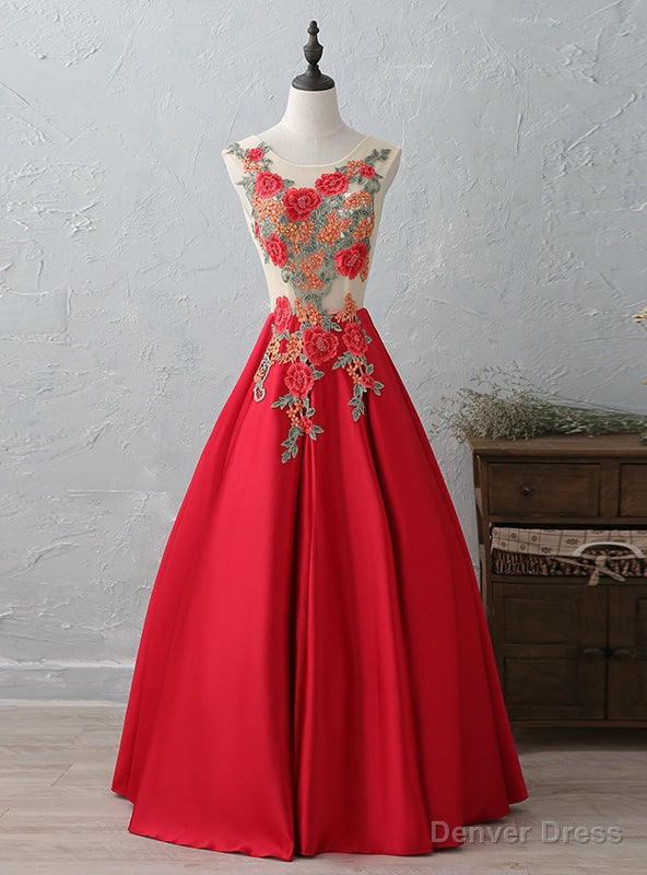 Red Satin Appliques Prom Dresses Main image