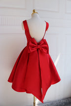 Red Satin Backless Short Prom Dress, Red Homecoming Dresses