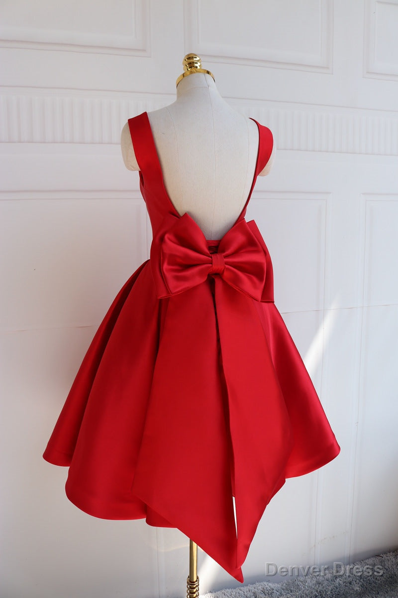 Red Satin Backless Short Prom Dress, Red Homecoming Dresses