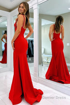 Red Satin Beaded Mermaid Prom Dresses With Split