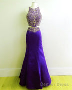 Red Satin Beaded Two Piece Mermaid Prom Gowns