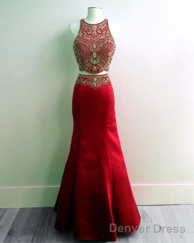 Red Satin Beaded Two Piece Mermaid Prom Gowns