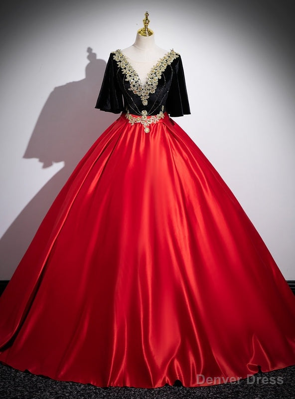 Red Satin Black Velvet Appliques Quinceanera Dresses Main image