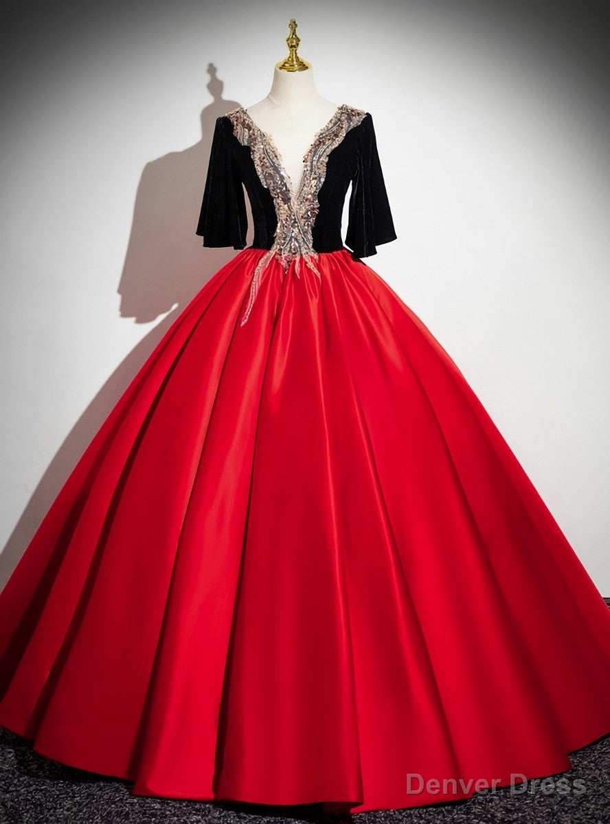 Red Satin Black Velvet Sequins Quinceanera Dresses Main image