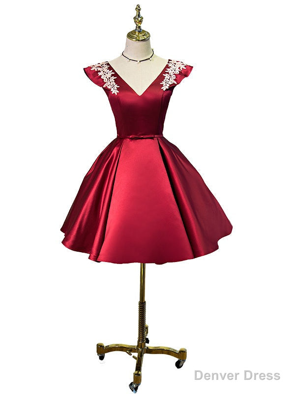 Red Satin Cap Sleeve V-neck Homecoming Dresses Main image