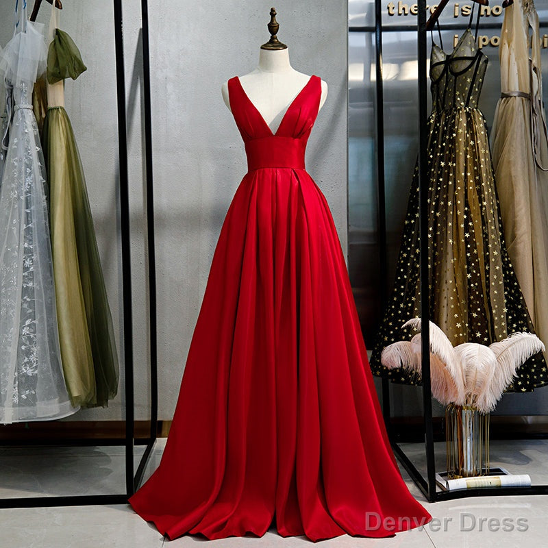 Red Satin Deep V Neckline Prom Gowns, Red Floor Length Prom Gowns