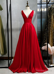 Red Satin Deep V-neckline Prom Gown, Red Floor Length Evening Gown