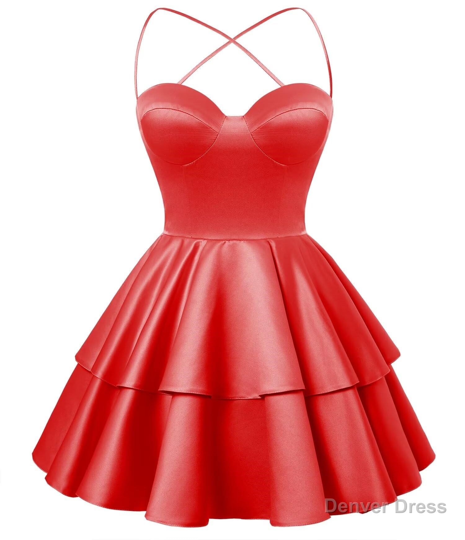 Red Satin Homecoming Dress Sweetheart Neck Tiered Short Graduation Dresses Main image