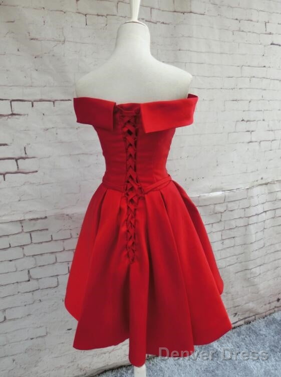 Red Satin Homecoming Dresses, Off Shoulder Party Dress, Knee Length Prom Dress Secondary image