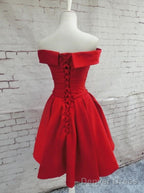 Red Satin Homecoming Dress, Off Shoulder Prom Dress, Knee Length Prom Dresses