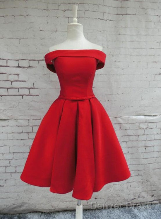 Red Satin Homecoming Dresses, Off Shoulder Party Dress, Knee Length Prom Dress Main image