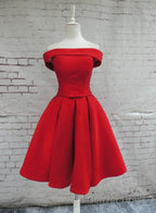 Red Satin Homecoming Dress, Off Shoulder Prom Dress, Knee Length Prom Dresses