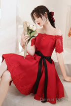 Red Satin Knee Length With Lace Party Dress, Red Short Homecoming Dress