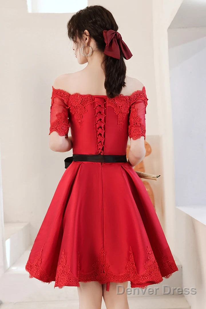 Red Satin Knee Length With Lace Party Dress, Red Short Homecoming Dress