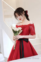 Red Satin Knee Length With Lace Prom Dress, Red Short Homecoming Dresses