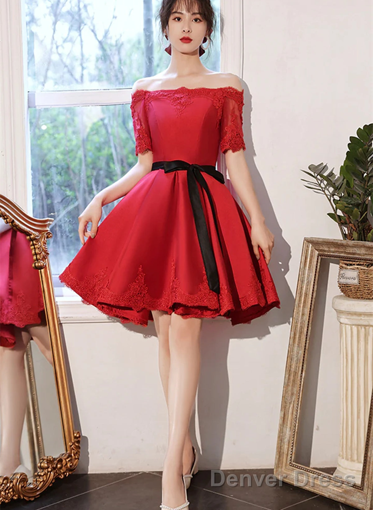 Red Satin Knee Length With Lace Party Dress, Red Short Homecoming Dress Main image