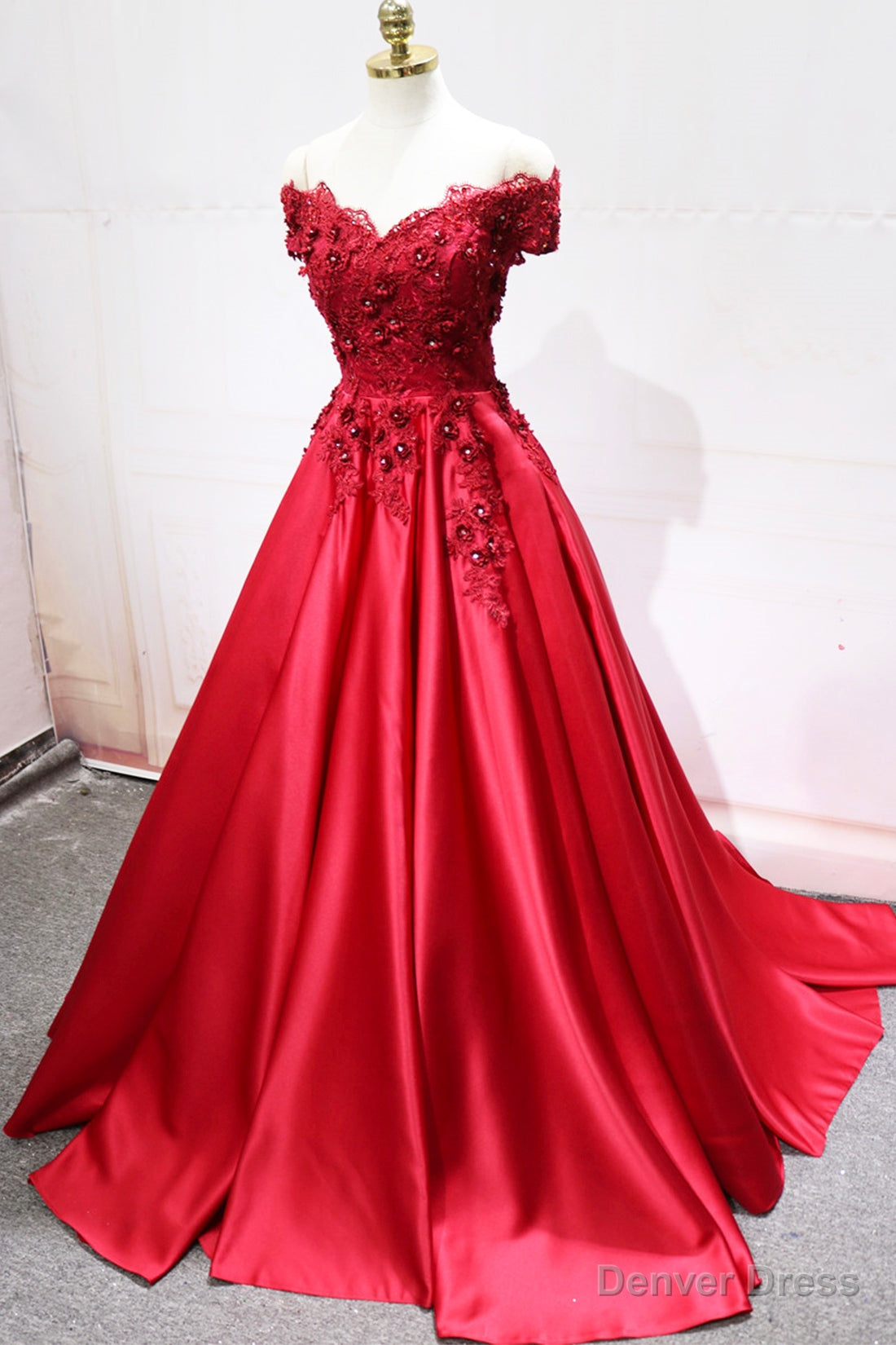Red Satin Lace Long Prom Dress, Off Shoulder Prom Dresses