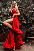 Red Satin Lace up A Line Prom Dresses with Slit