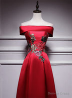 Red Satin Long A Line Prom Dress Off Shoulder Prom Dress, Red Bridesmaid Dresses