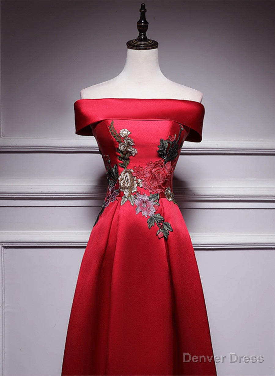 Red Satin Long A Line Prom Dress Off Shoulder Prom Dress, Red Bridesmaid Dresses