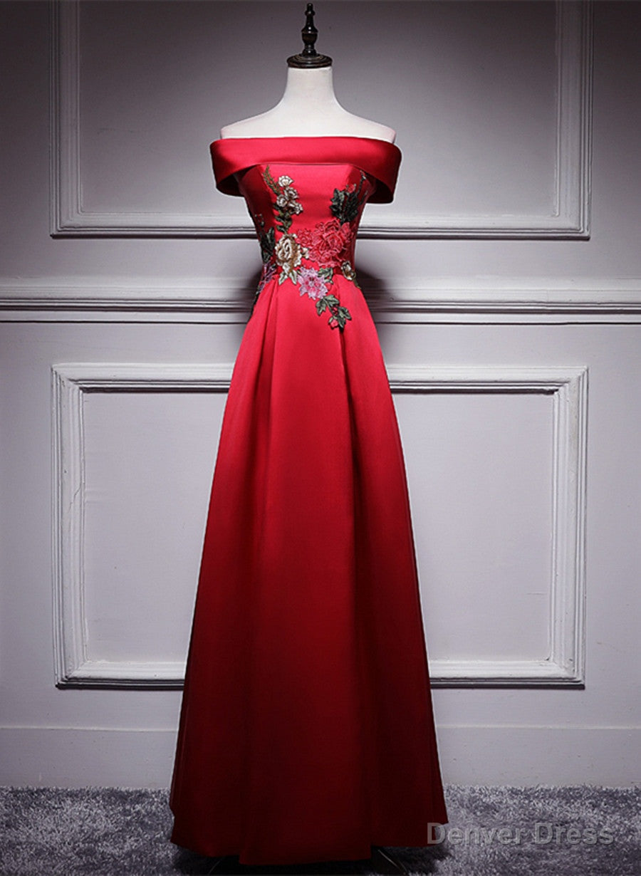 Red Satin Long A-line Prom Dress Off Shoulder Party Dress, Red Bridesmaid Dress Secondary image