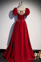 Red Satin Long Prom Dress, Cute Short Sleeve Prom Graduation Dresses