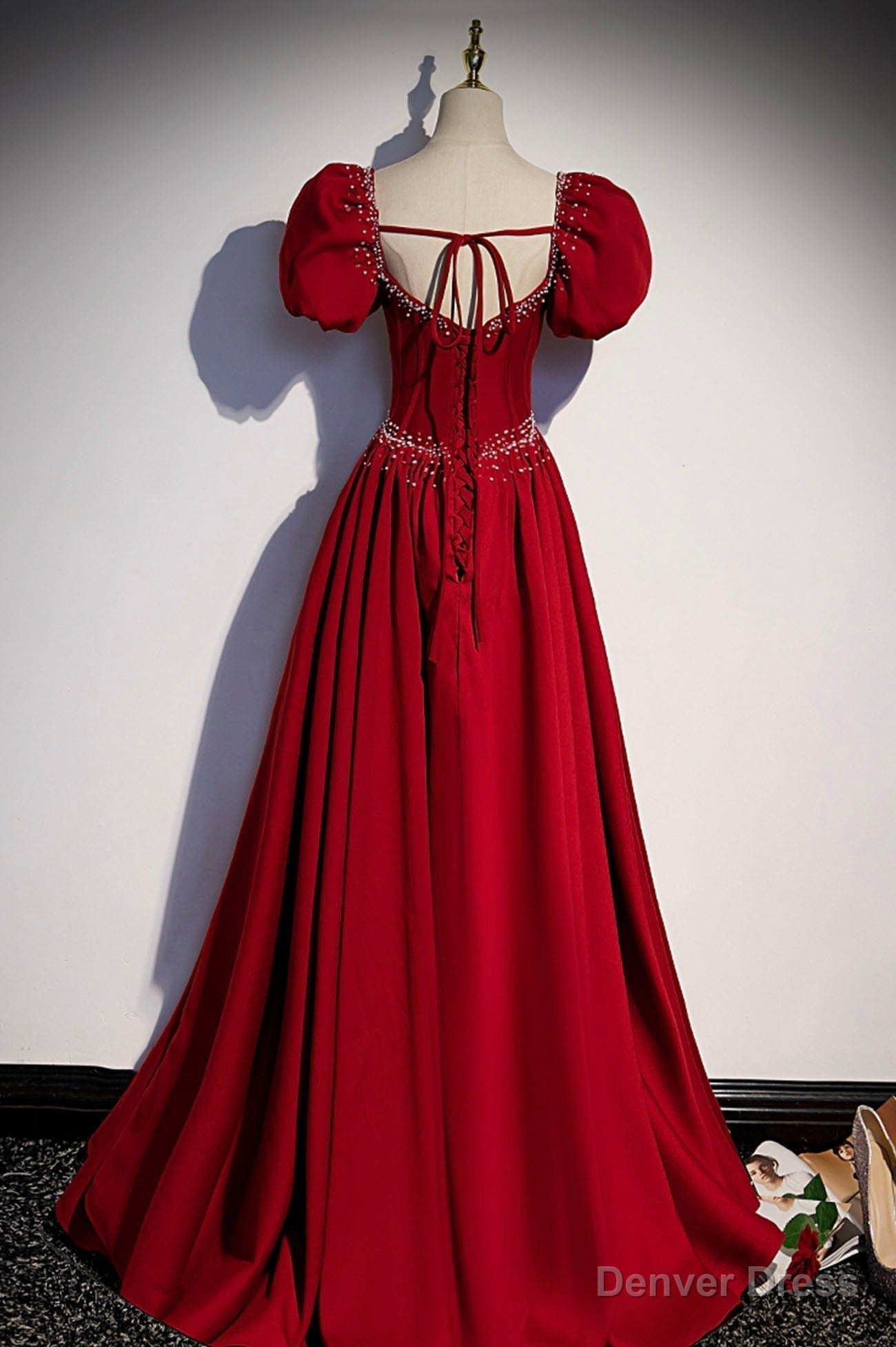 Red Satin Long Prom Dress, Cute Short Sleeve Prom Graduation Dresses