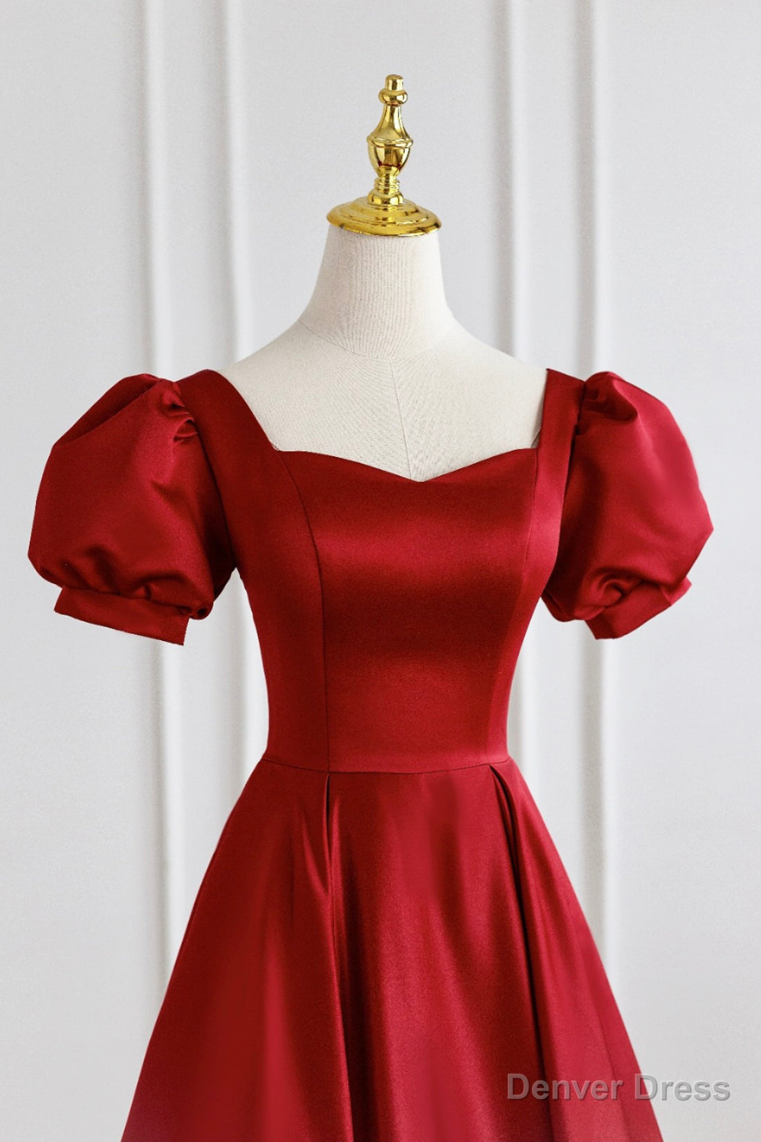 Red Satin Long Prom Dress, Simple A Line Short Sleeve Prom Dresses