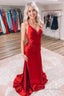Red Satin Mermaid Prom Dresses with Ruffles