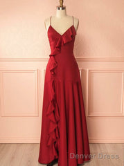 Red Satin Mermaid Spaghetti Straps Prom Dress With Ruffles