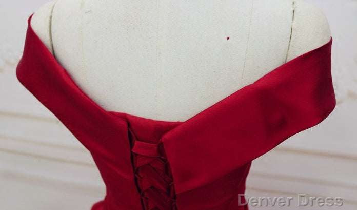 Red Satin Off Shoulder Handmade Long Formal Dress, Handmade Red Formal Gown