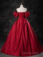 Red Satin Off Shoulder Long Simple A Line Wedding Prom Dress, Red Long Prom Dresses