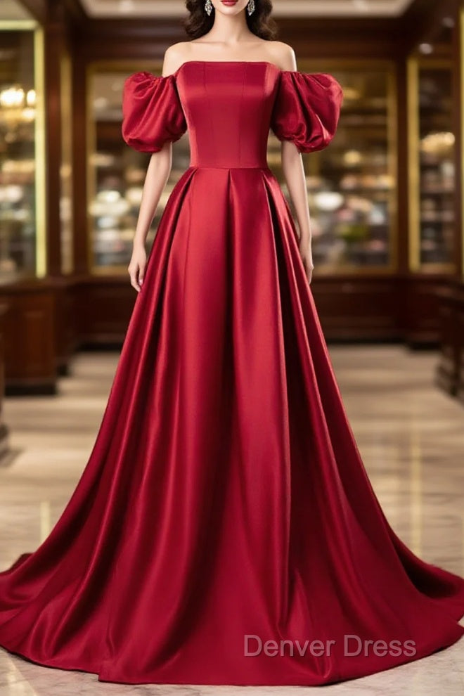 Red Satin Off Shoulder Long Simple A-Line Wedding Party Dresses, Red Long Evening Dresses