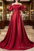 Red Satin Off Shoulder Long Simple A Line Wedding Prom Dress, Red Long Prom Dresses
