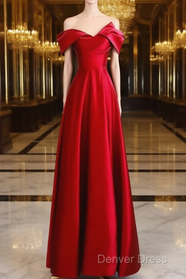 Red Satin Off Shoulder Sweetheart Long Party Dresses, Red Satin Prom Dresses Main image