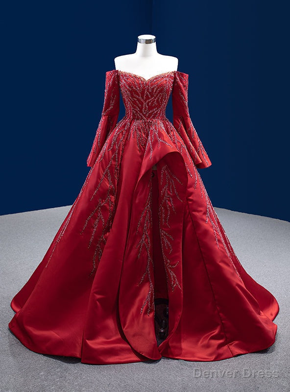 Red Satin Off the Shoulder Beading Split Prom Dresses Main image