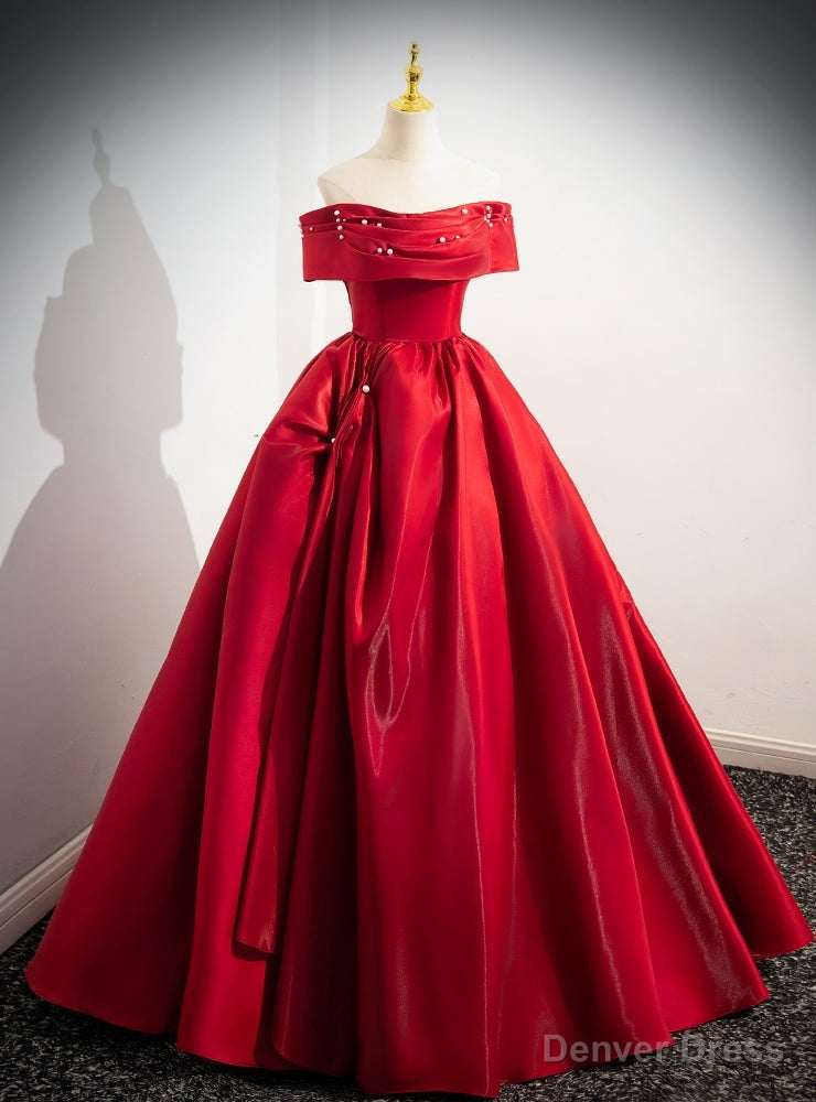 Red Satin Off the Shoulder Pleats Pearls Prom Dresses Main image