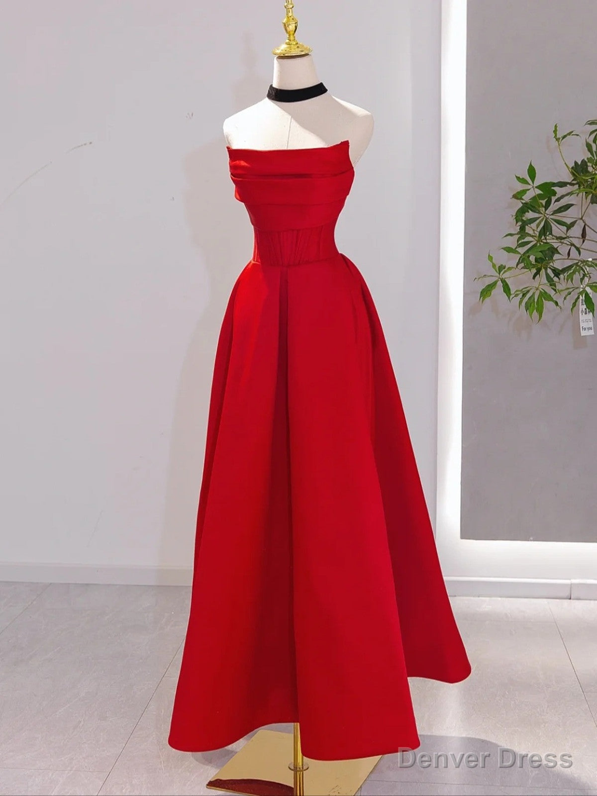 Red Satin Red Satin A-line Scoop Long Party Dress, Red Satin Prom Dress Secondary image