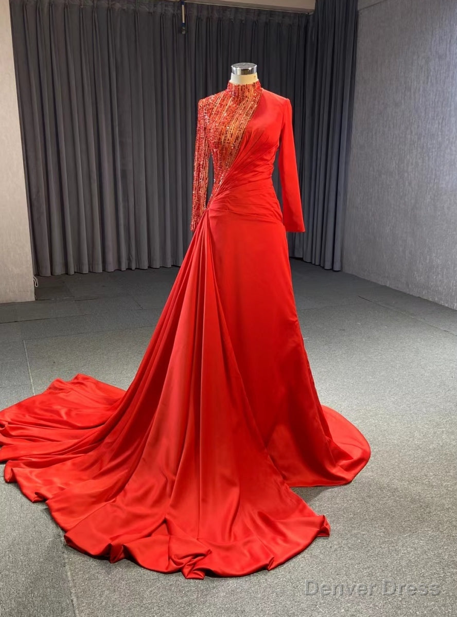 Red Satin Sequins Long Sleeve Prom Dress Main image