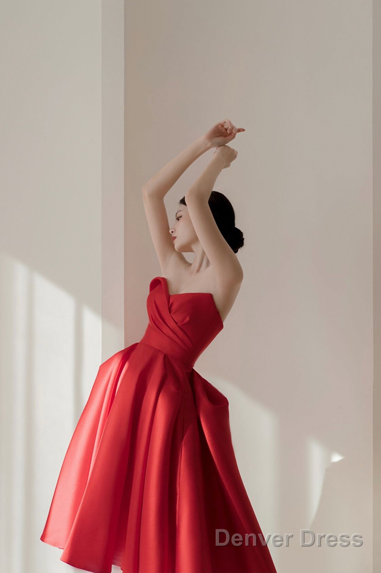 Red Satin Short A-Line Prom Dress, Red Strapless Homecoming Prom Dresses Main image