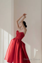 Red Satin Short A-Line Prom Dress, Red Strapless Homecoming Prom Dresses