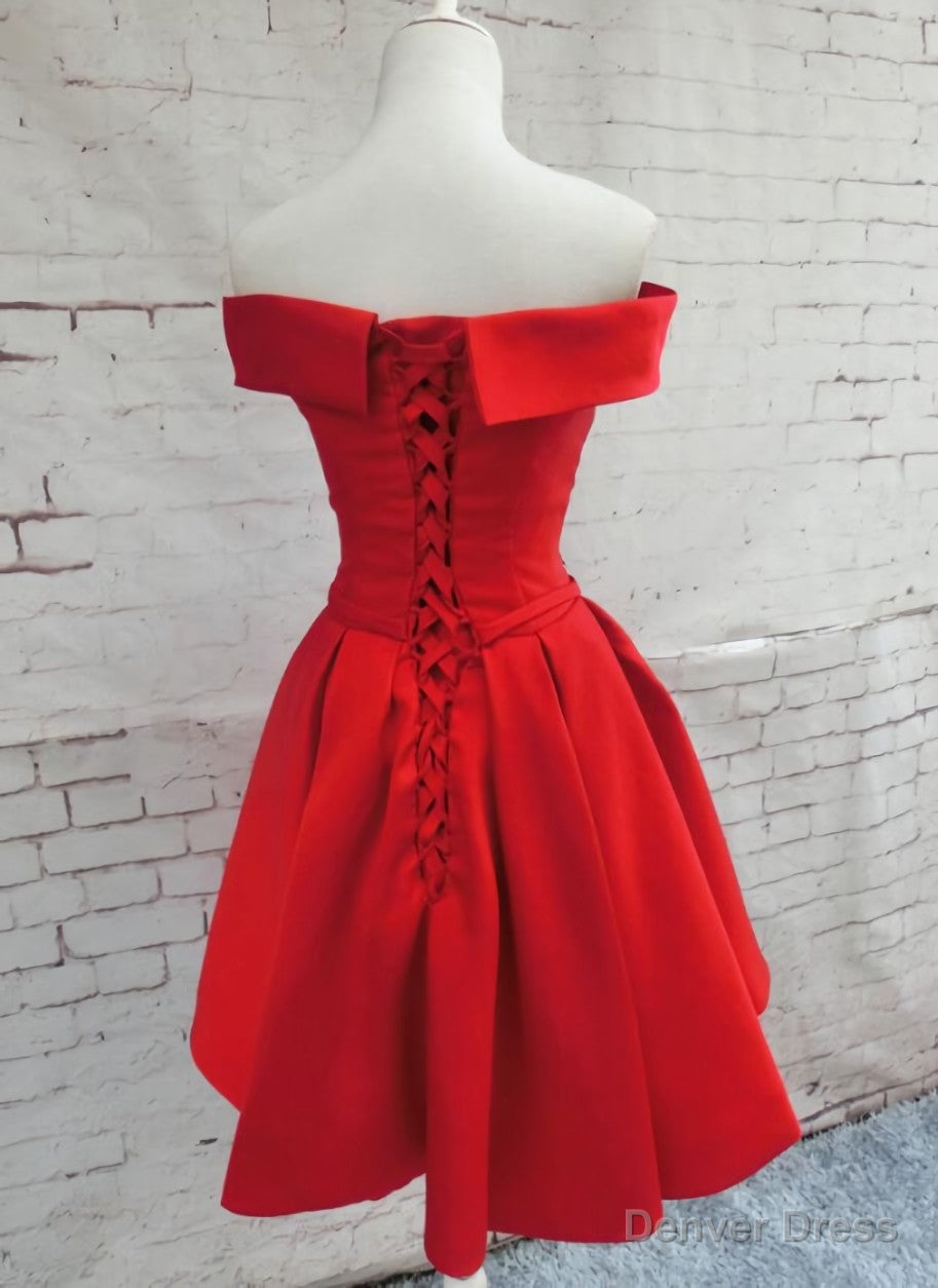 Red Satin Short Prom Dress, Red Off Shoulder Homecoming Dresses